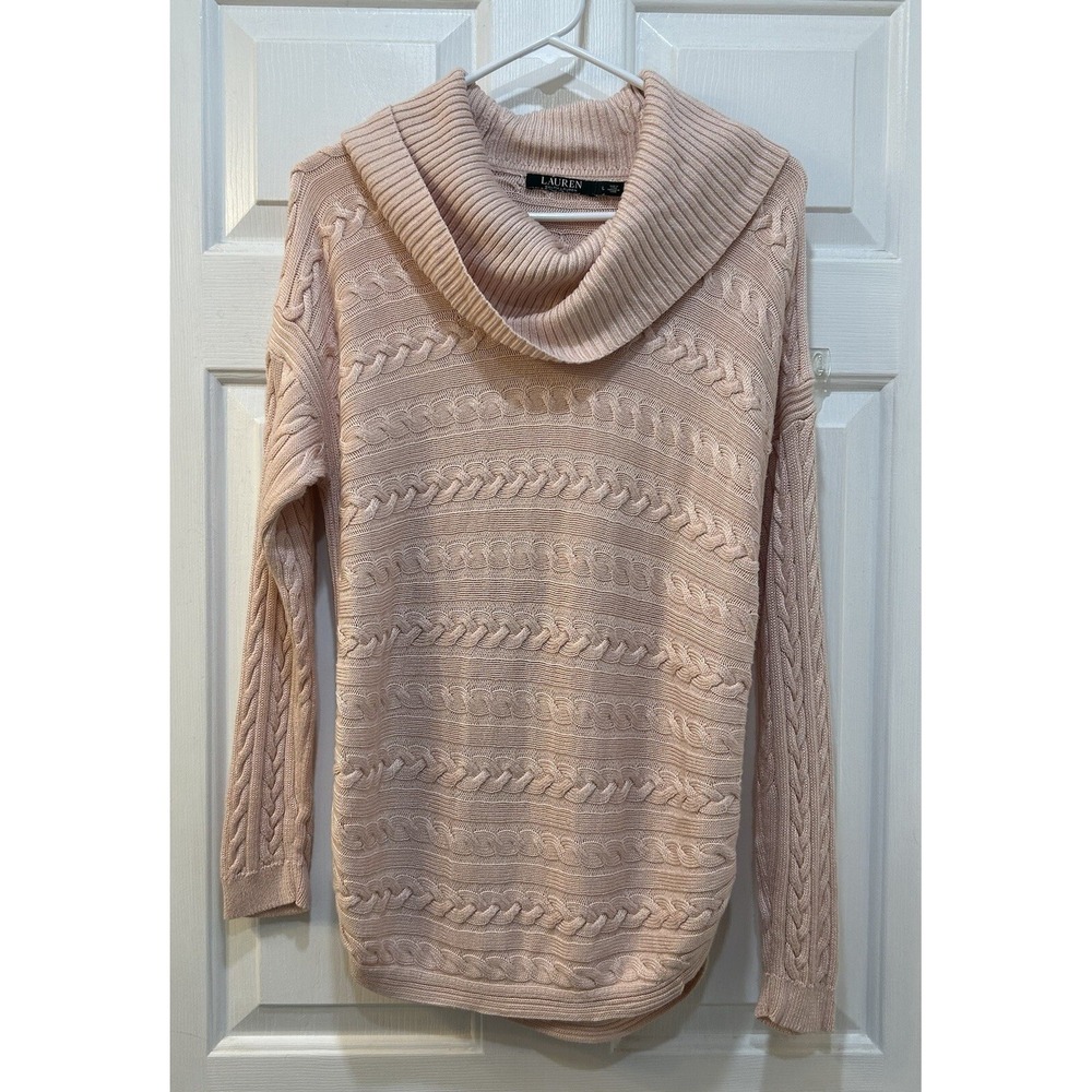Lauren Ralph Lauren Pink Cable Knit Sweater Size L Preppy Cowl Neck Curved Hem